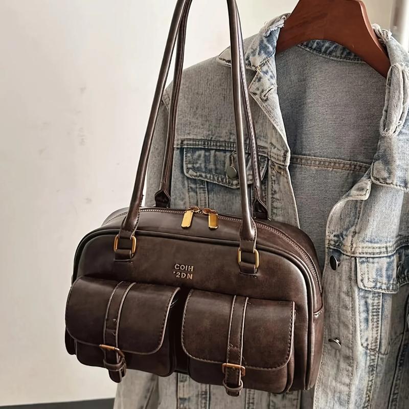 Women's Korean Retro Shoulder Bag Multifunctional Large Capacity Letter Handbag Fashionable Commuting Versatile Shoulder Bag Boston Bowling Bag