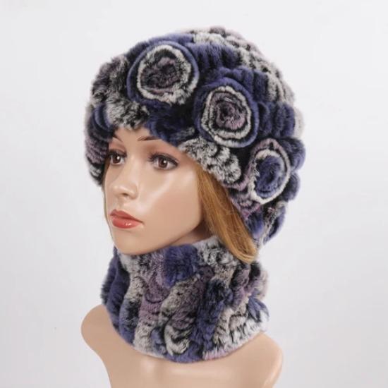 New Good Elastic Lady Winter Rex Rabbit Fur Hats Scarves Knitted Women Natural Fur Caps Scarves Sets 2 Pieces Hats Mufflers