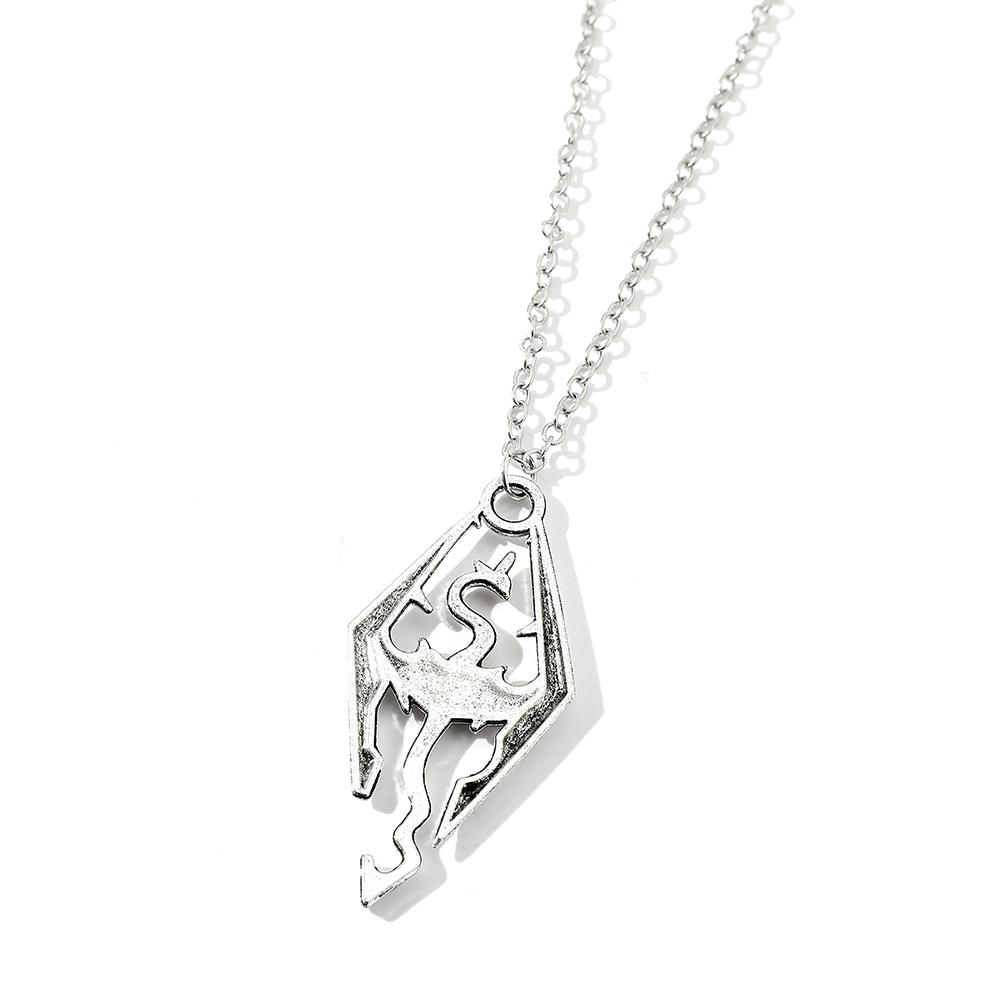 Akaviri Dragon Prismatic Pendants Vintage Gothic Silver Pterosaurs Necklace for Men Game Cosplay Jewelry Accessory