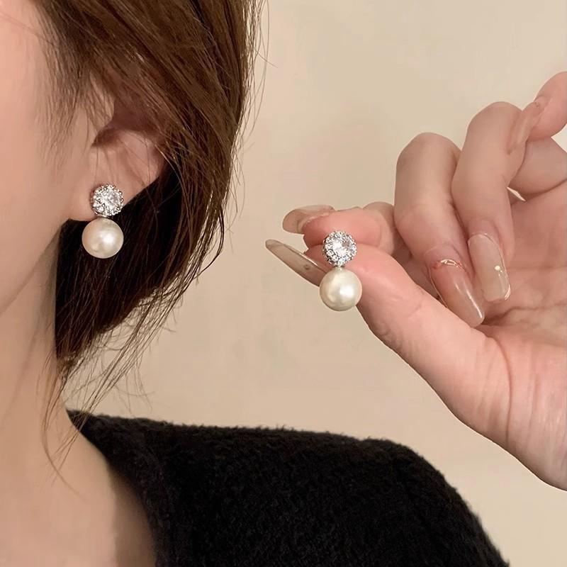 925 silver needle flash zircon pearl earrings women's light luxury stud earrings temperament earrings