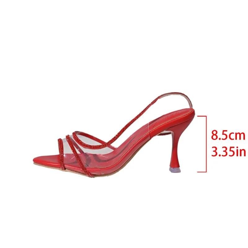 

Мода 2025 Лето Новые Женские Современные Босоножки с Острым Носком Классика Кристалл Слипоны Тонкий Каблук Уличные Открытый Носок Вечернее Платье Босоножки на Каблуке 41 красный