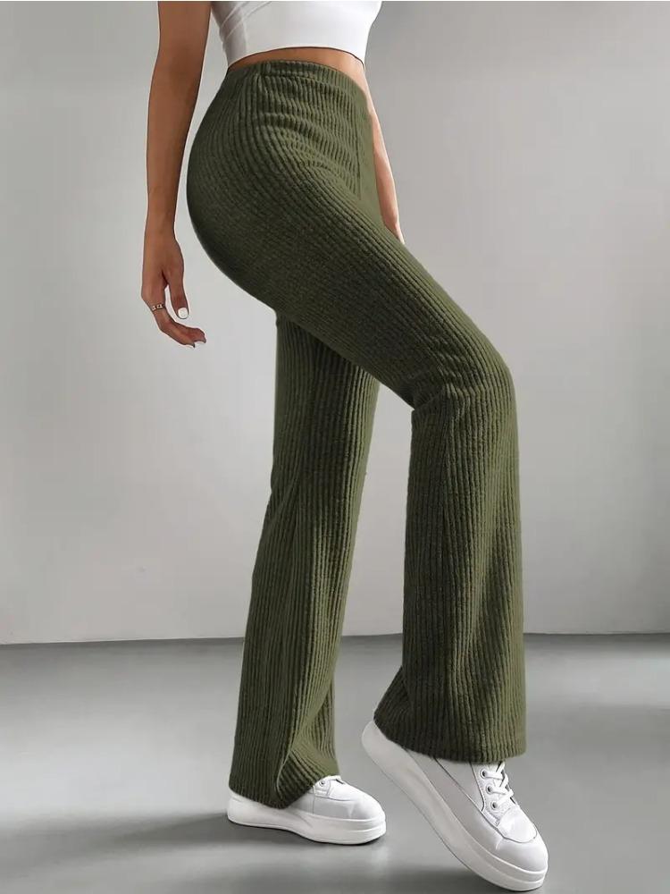 Spring and Autumn Bell-Bottom Pants for Women Solid-Color Casual Pants with Ribbed Knit Fashionable and Versatile Slim-Fit Long Pants