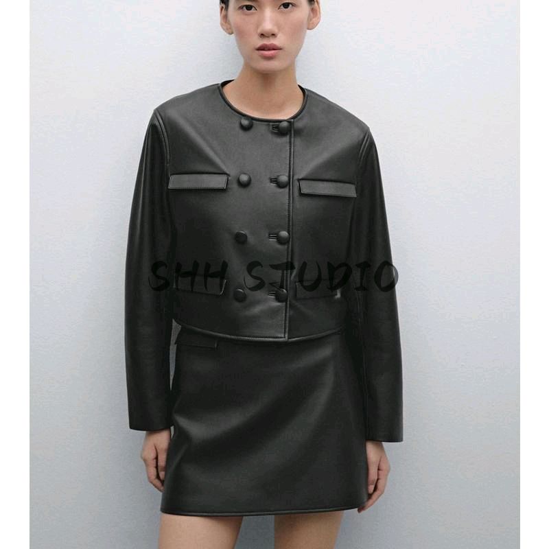 Anti-Leather Mini A- line Skirt 5304800 round Neck Long Sleeves Double Breasted Short Outwear 4701800