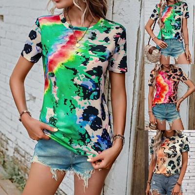 2023 Summer New Fashion Colored Print Flower Short Sleeve Slim Fit Top T-shirt Women's Trend