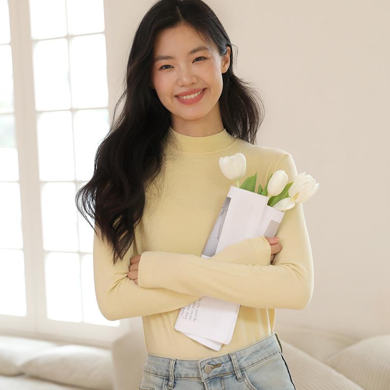 Long Sleeve Female Cold Basic Warm Shirt Bottom Shirt Autumn and Winter Puffed Half High Neck Tops Outer Wearing High Neck Inner Knitting Sweater