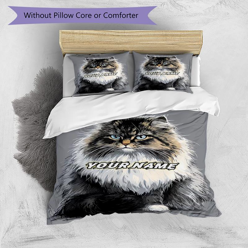 3PC Custom Name Proud Cat Portrait Bedding Set Duvet Cover Closure Includes 1 Duvet Cover & 2 Pillowcases for Bedroom