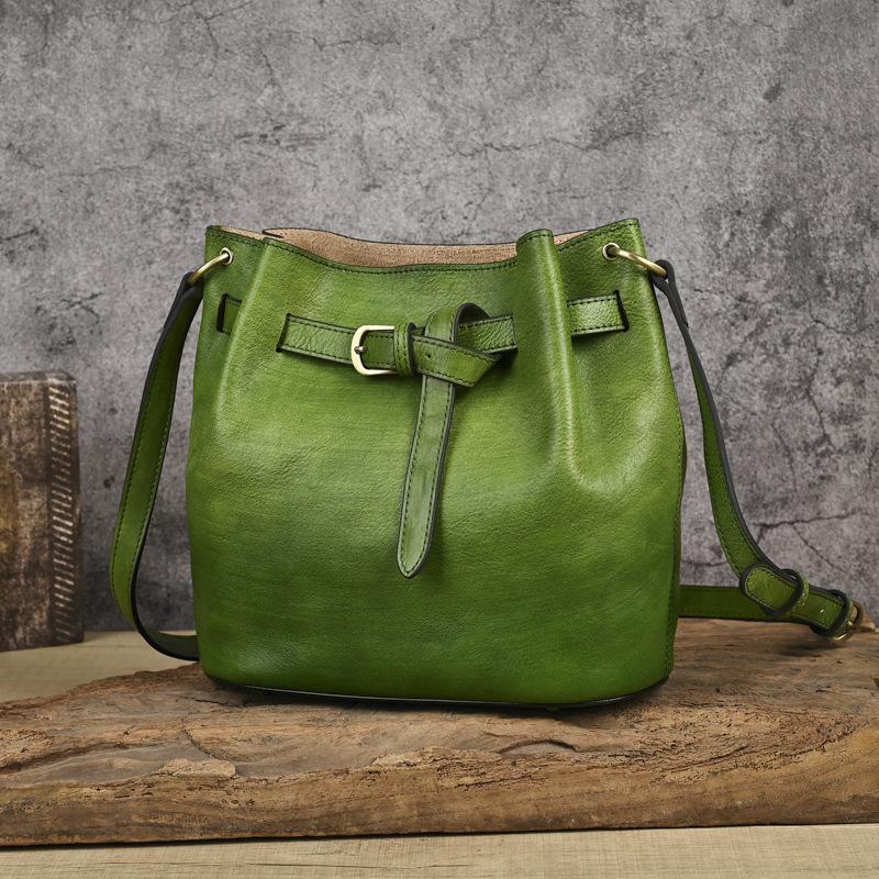 Johnature Retro Bucket Bag Handmade Genuine Leather Large Capacity Versatile Women's Shoulder Bag