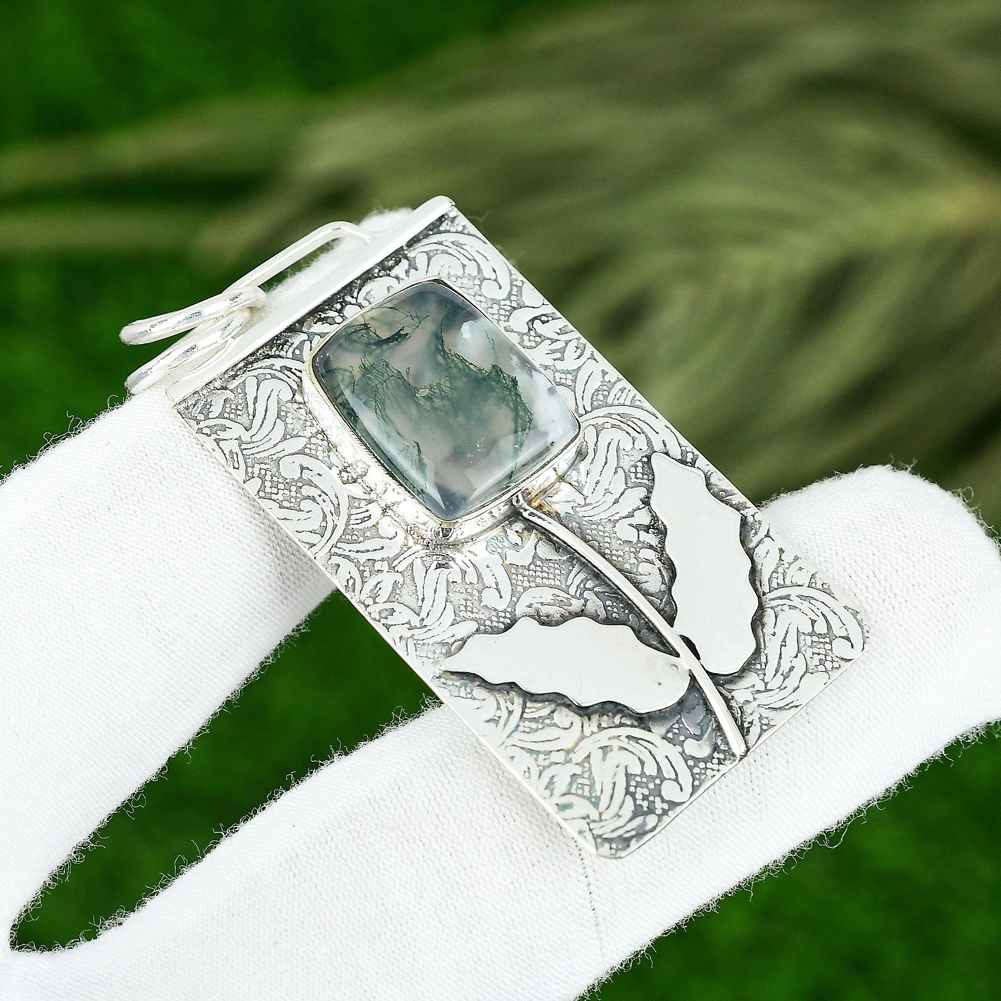 

Memorial Day Deal Solar Moss Agate Stone Sister Boho Pendant 925 Sterling Silver