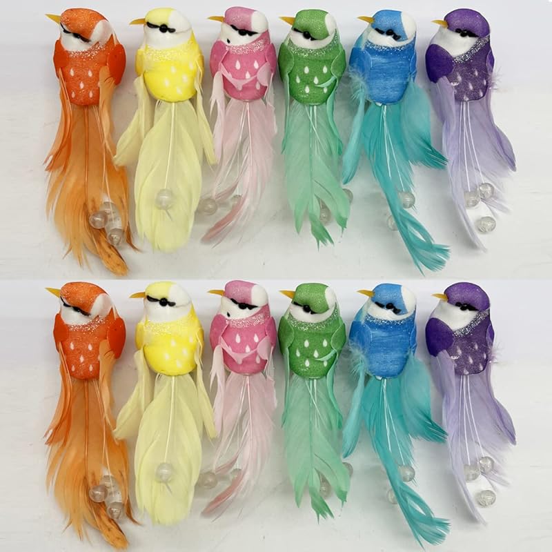 12pcs Artificial Simulation Foam Birds 5.1" Unique Fashion Clip On Decoration Bird with Pearl Feather Tail for Decoration Craft Ornaments Wedding