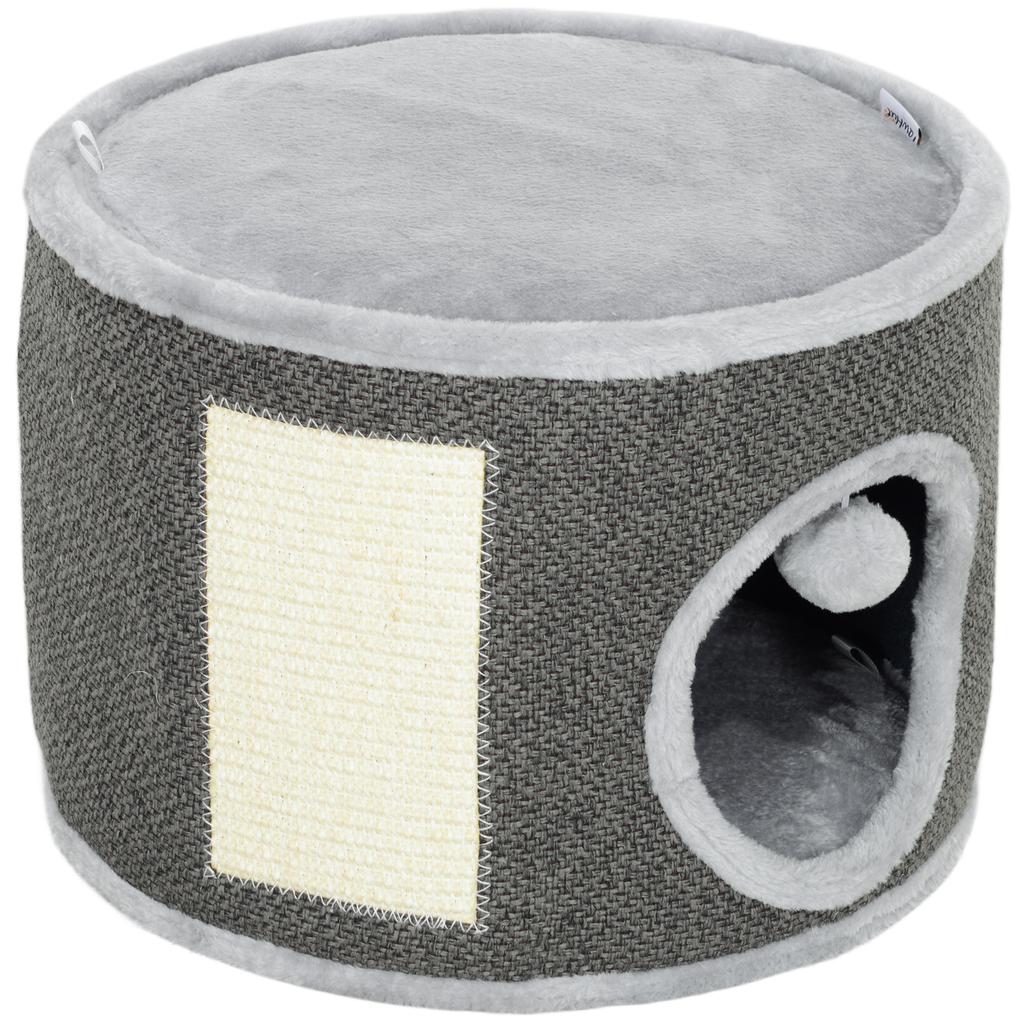 Cat Cave, 2 Levels, Cat House, Plush, Cushion, Sisal Scratching Board, Diameter 40 X 30H Cm, Dark Grey
