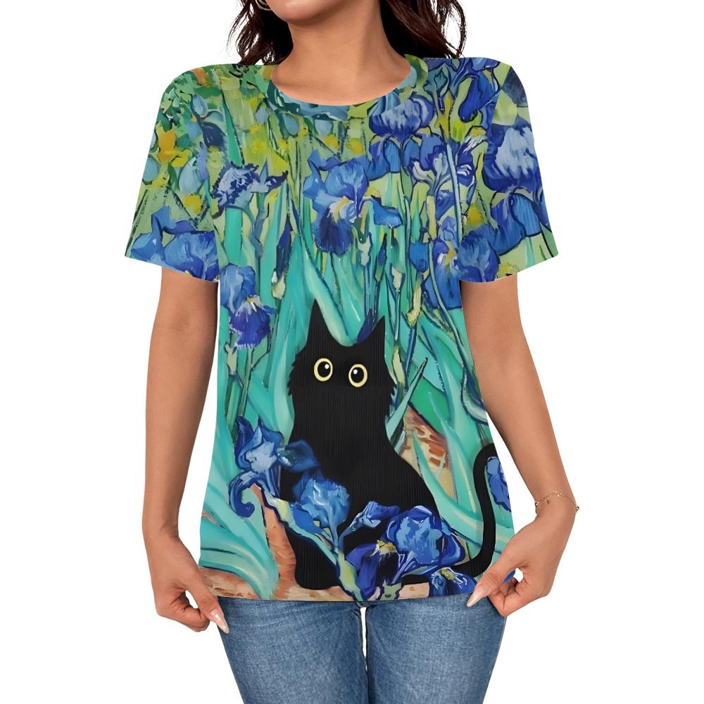 

Women s casual fashion summer cartoon grass black cat 3D printed short sleeved T-shirt women s street elegant top S