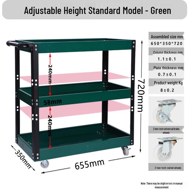 Adjustable 3-Tier Hand-Push Tool Cart for Auto Repair - Multi-Functional Mobile Workshop Storage.