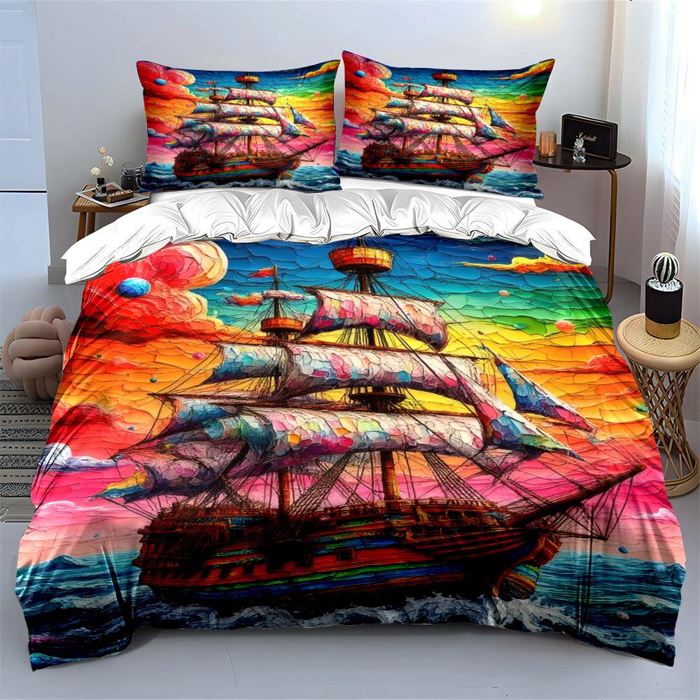 Colorful Ship Art Decor Set Bedding Set with 1 Duvet Cover 2 Pillowcases Single Double King Queen, Gift