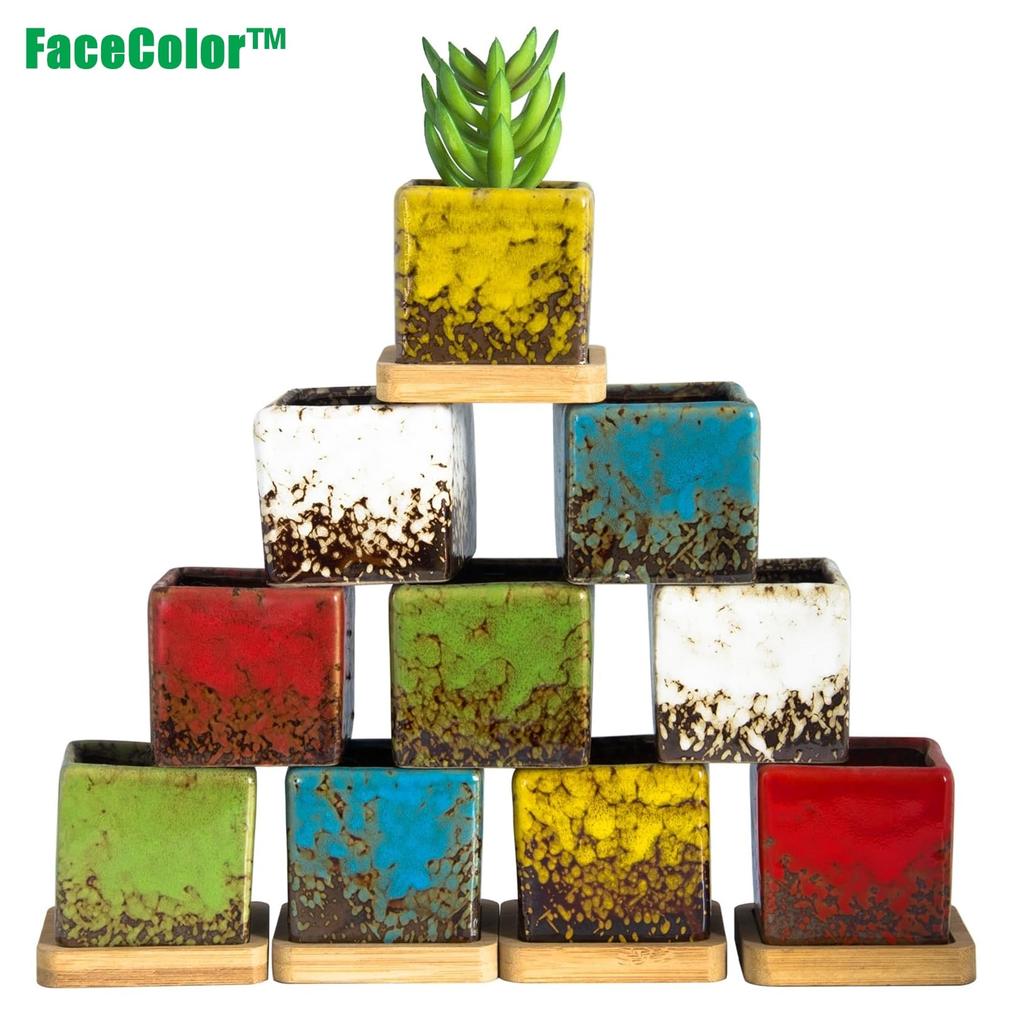 Facecolor Sukkulent Størrelse Stilig Keramisk Glasert Sett med Egnet for Innendørs og Utendørs Små Firkantet Drenering og Bunnnett Ikke Potter, 2,