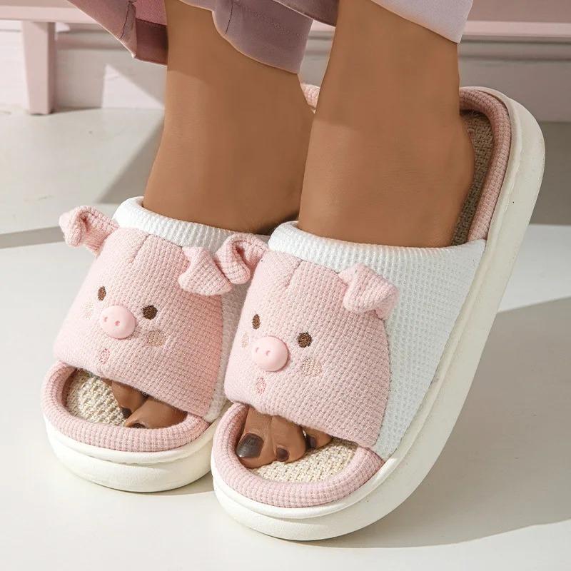 Fashion Linen Platform Slippers Women Home Cute Animal Cartoon Designer Shoes Girls Flats Fashion House Casual Footwear Elegant Big Size