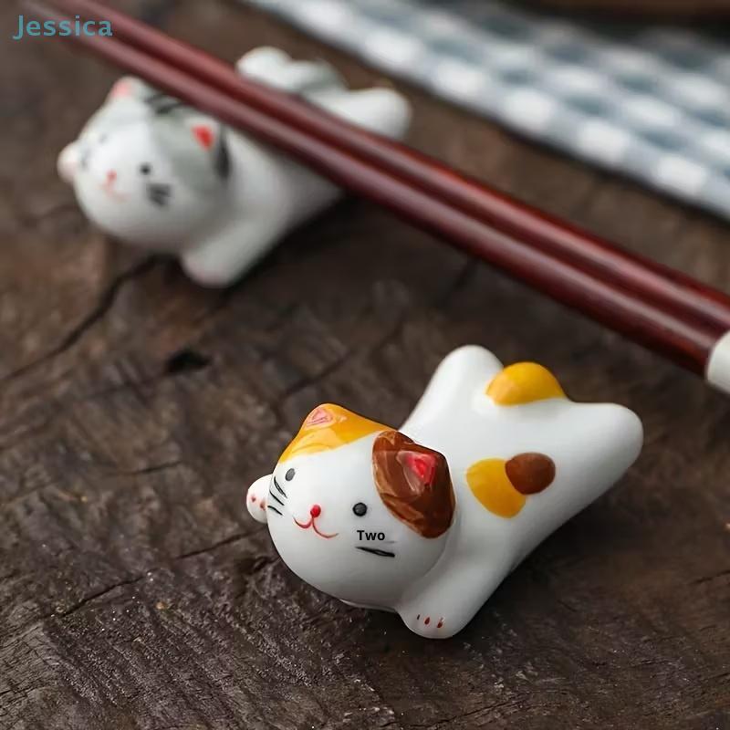 Japanese Style Underglaze Flying Cat Ceramic Chopstick Rest Simple Oval Spoon Bracket Utensil For Kitchen
