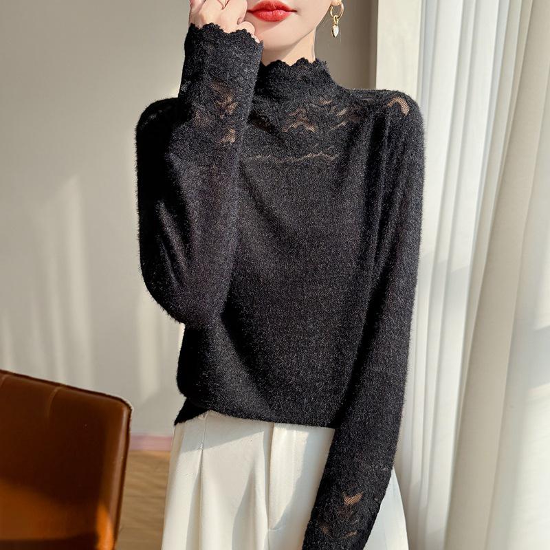 Cross 2025 Autumn/Winter Lace Color Block Knit Pullover with Half-High Collar and Long Sleeves