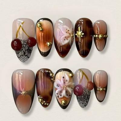 24PCS Retro Brown French Press On Ins Nails 3D Flowers Cherry with Diamonds Fake Nails for Women Detachable False Nails Manicure
