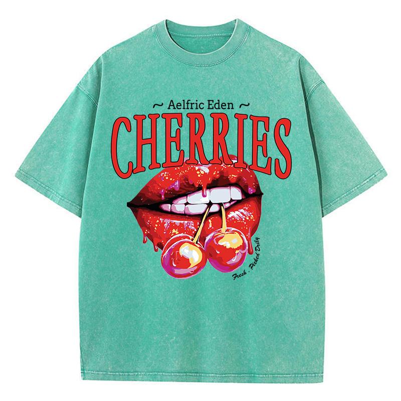 Casual Womens Acid Wash T-Shirts Cherries On The Lips Printing Tees Distressed Oversize Short Sleeve Trend Female Clothes