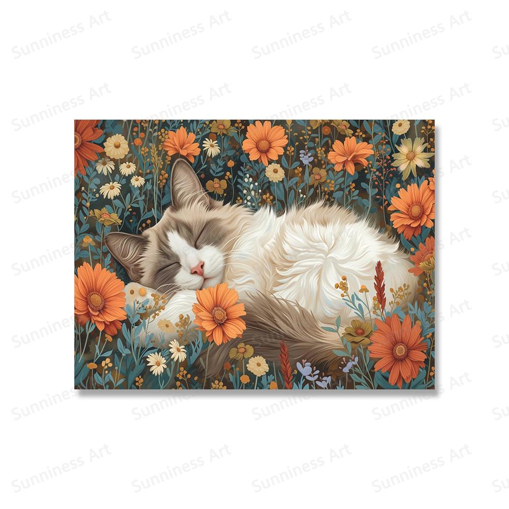 

Смешная бохо-кошка в стиле рэгдолл с цветами на холсте, подарок любителю кошек, настенная картина для кухни, декор для гостиной, постер для домашнего декора 21x30cm No Framed белый