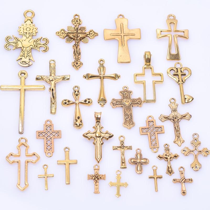 25pcs/Set Lot Vintage Cross Pendant Charms For Jewelry Making Zinc Alloy Jesus Religious Faith Charm Frame Mixed Components