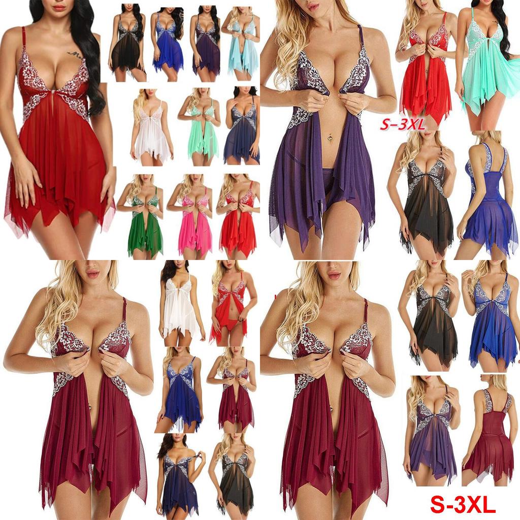 Seducente Babydoll Sexy in Pizzo da Donna Taglie Forti con Scollo a V Profondo e Tessuto a Rete Trasparente