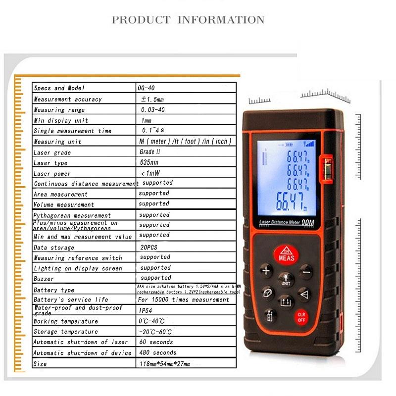 Buy 40M Digital Laser Distance Meter Handheld Rangefinder Measure Tape ...