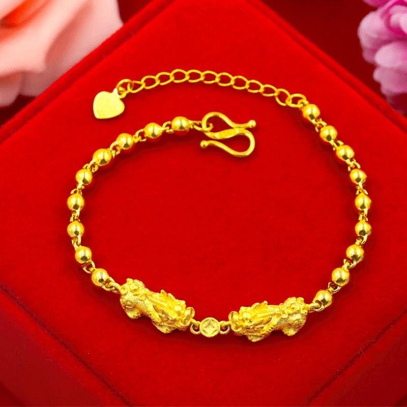 Gilded Brass Double Pixiu Bracelet in Vietnamese Sand Gold for Men and Women