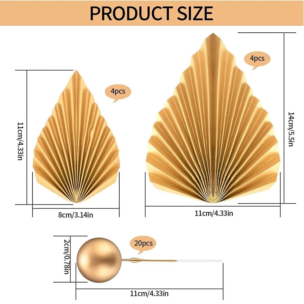 28 Pcs Gold Balls Cake Toppers Gold Palm Leaves Cake Decorations Insert Decorations for Birthday Baby Shower Wedding Party Decor