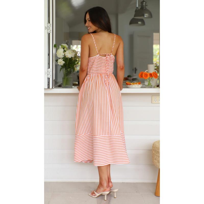 VEZFAA Women's Fashion Summer Spring Stripe Print Sleeveless Suspenders High Waist Casual Dresses