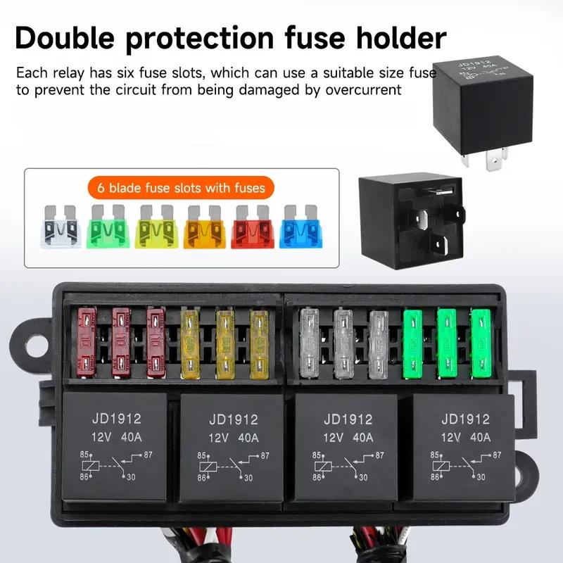 4 Relay Slots Car Fuse Relay Box 12V Pre-Wired Circuit Protection Car Fuse Holder 4 Relay Blocks Fuse for Car Truck RV Boat