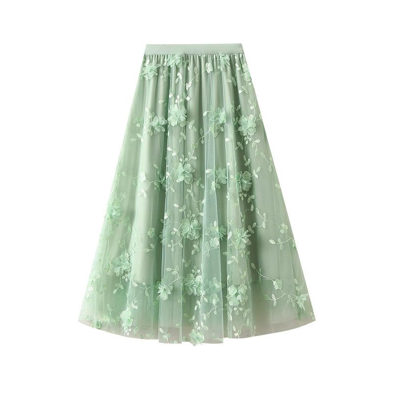 Luxus Frau Röcke Koreanischen Stil, Mode, Elastische Taille Applikationen Stickerei Floral Mesh Rock Lange Gaze Ballkleid Rock