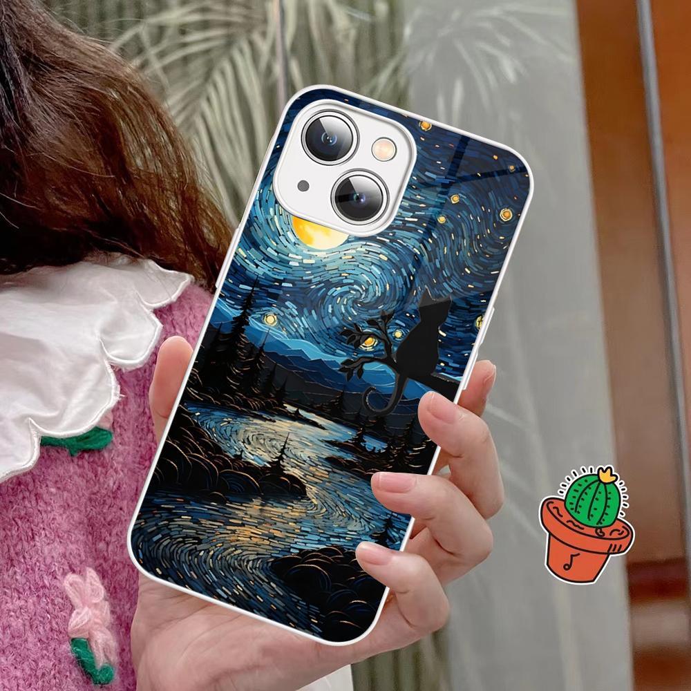 Cartoon Animal Black Cat Oil Painting Phone Case Tempered Glass For Iphone 14 13 12 11 Pro Mini XS MAX 14Plus X XS XR Fundas