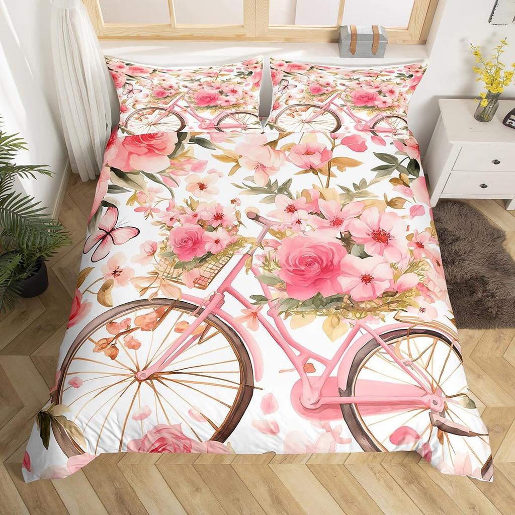 Girls Butterfly Duvet Cover Set Kids Floral Bicycle Bedding Set Fantasy Animals Comforter Cover Flower Bike Spring Bedclothes