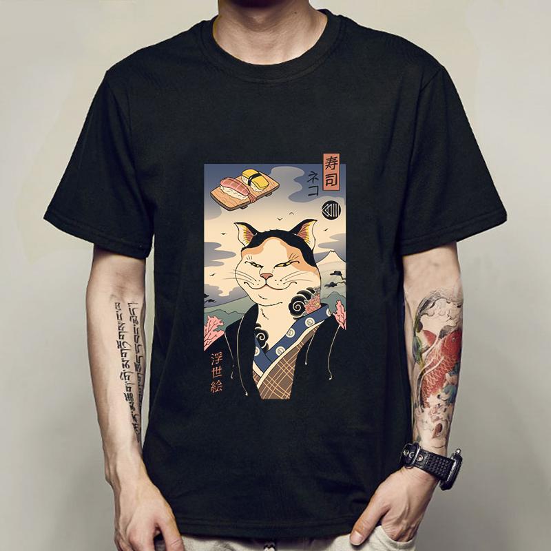 New Fashion Summer Mens T Shirt Casual Short Sleeve Samurai Cat Print Anime Tshirt Men Women Japanese Neko Sushi Wave Tops