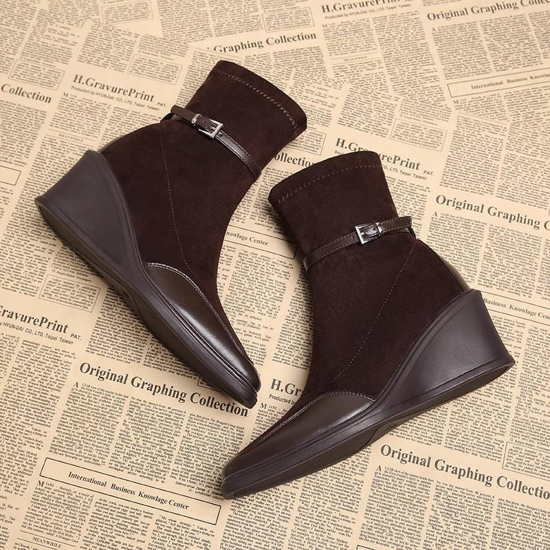 Paneled Booties Vintage Square Toe Suede Side Zipper Soft Sole Non-Slip Wear-Resistant Wedge