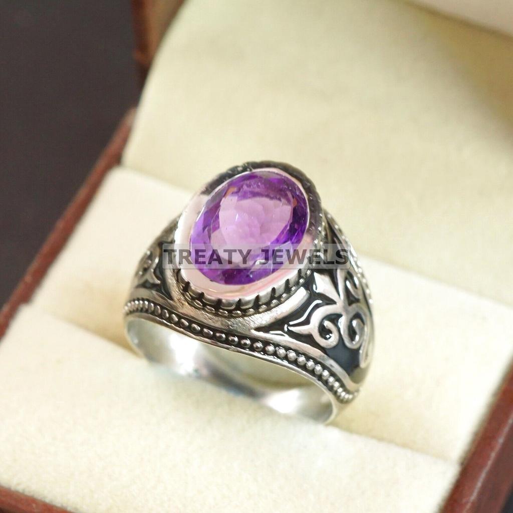 Amethyst Oval geschliffener Edelstein mit 925er Sterling Silber Ring für Herren #A686 JL375658868684