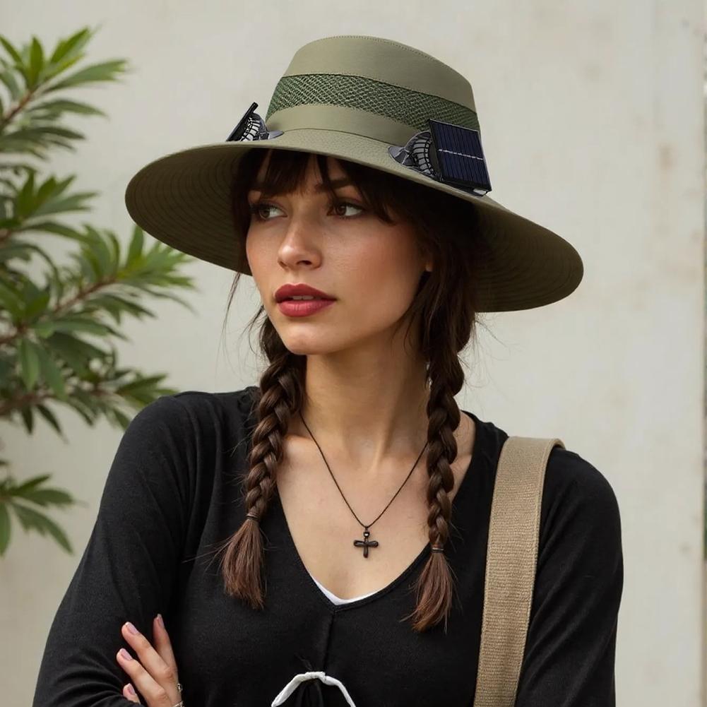 Outdoor Wide Brim Sun Hat with Solar/Charging Fan Outdoor Drawstring Fishing Hat Waterproof for Outdoor Riding Hiking Fishing
