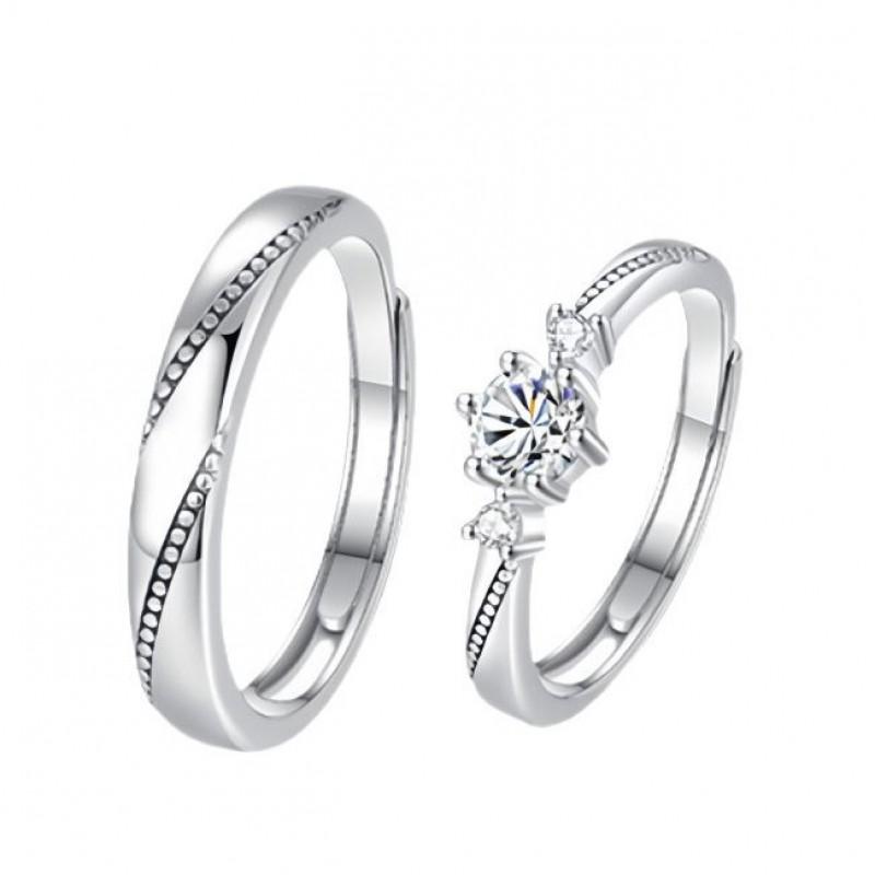 Adjustable Crown Zircon Couple Ring Set Sterling Minimalist Fashion Engagement Band Women Men