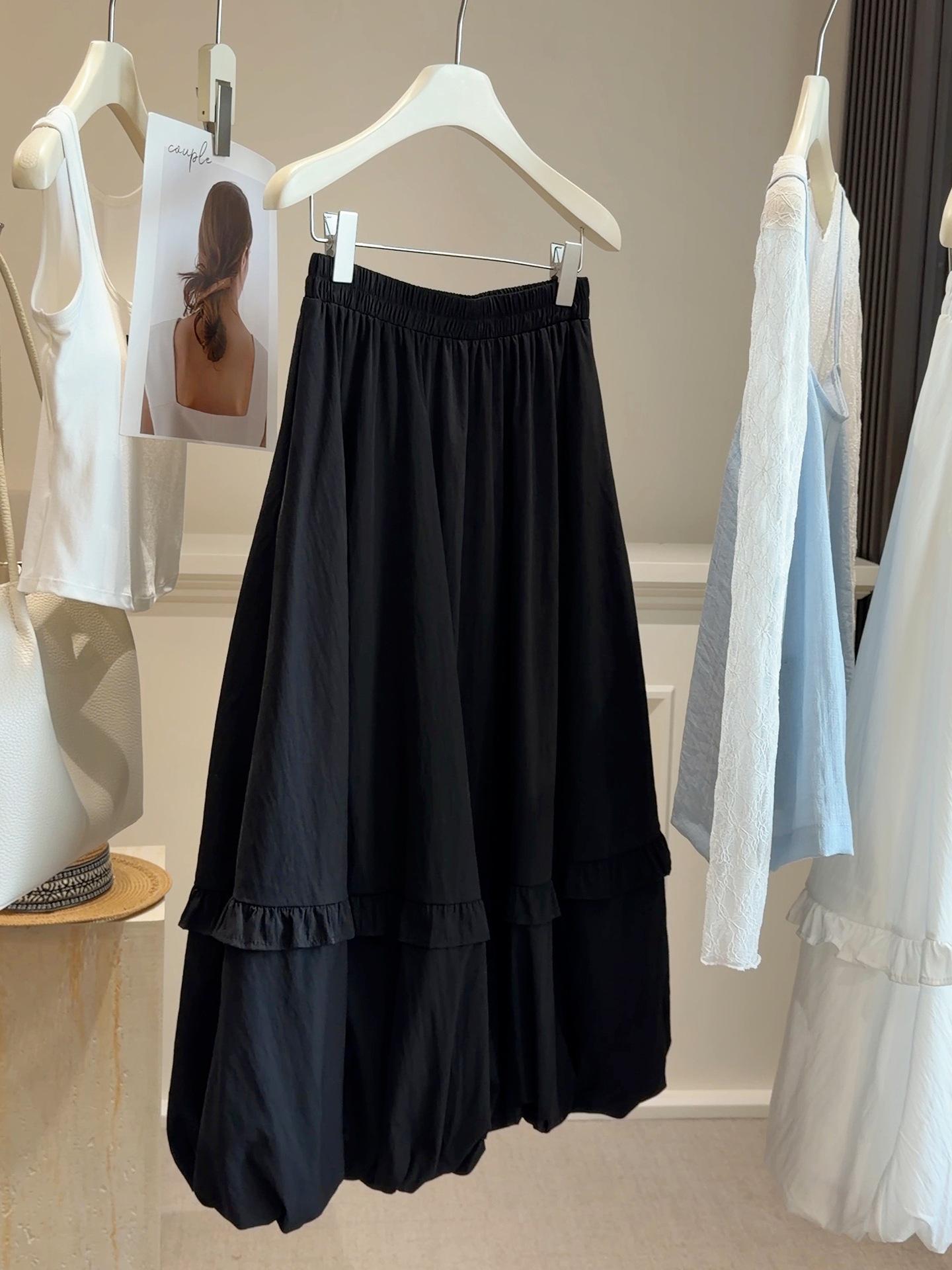 2026 Spring Korean White Ruffle A-line Mid-length Skirt for Women One Size чёрный