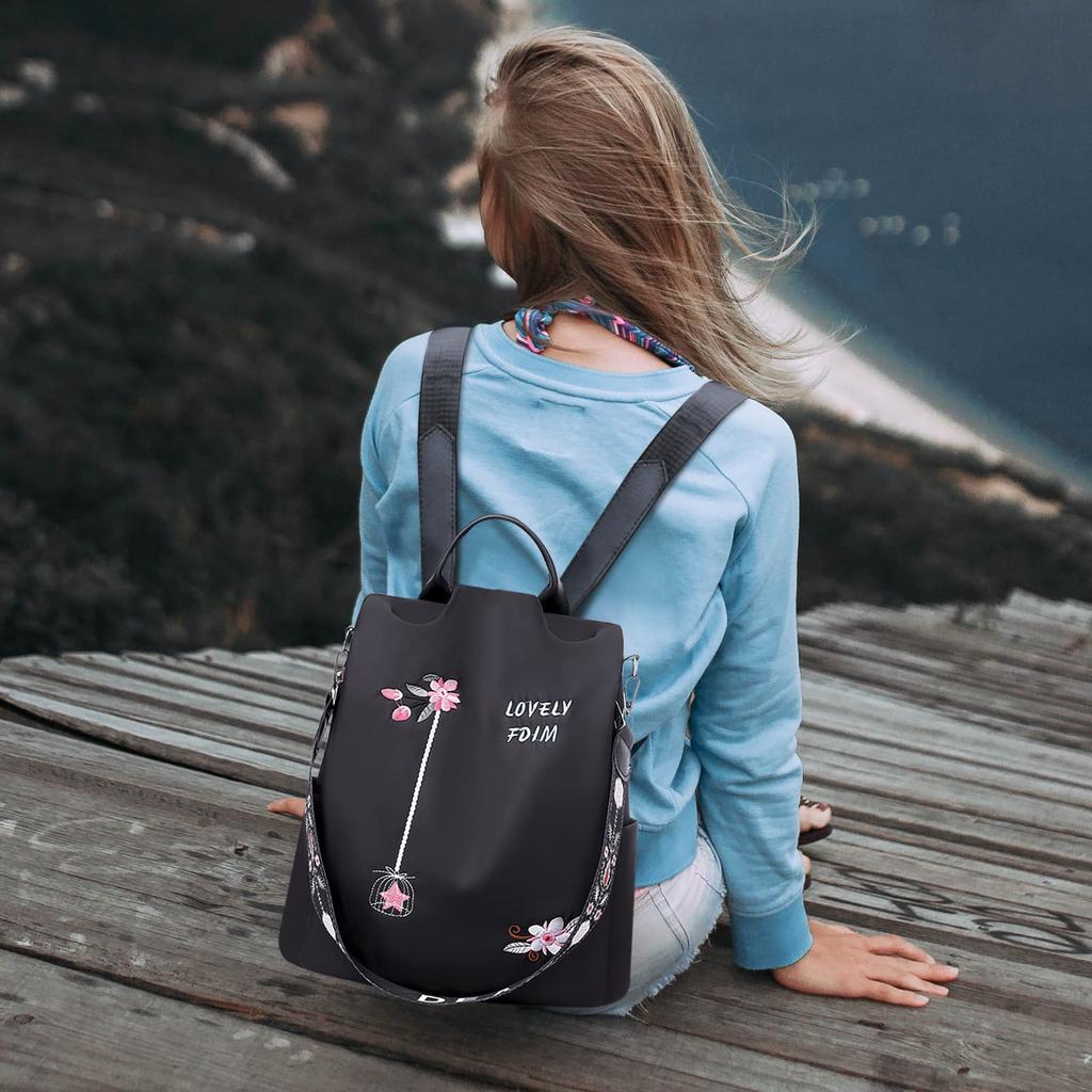 NICOLE & DORIS Women's Floral Embroidered Backpack, Anti-theft, Water-Repellent, A4 Size, 3-Way Daypack, Shoulder Strap, Anti-Pickpocket, Perfect for