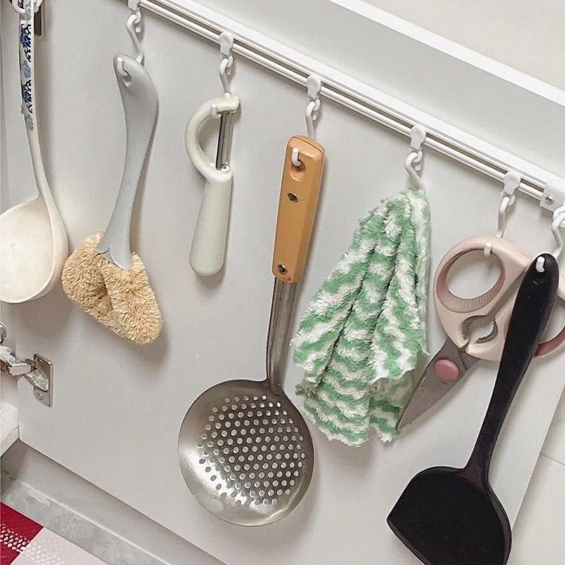 Houseeker Strong Self-adhesive Track Row with 10 Hooks Can Slide S-shaped Holder Non Punching Kitchen Bathroom Storage Rack