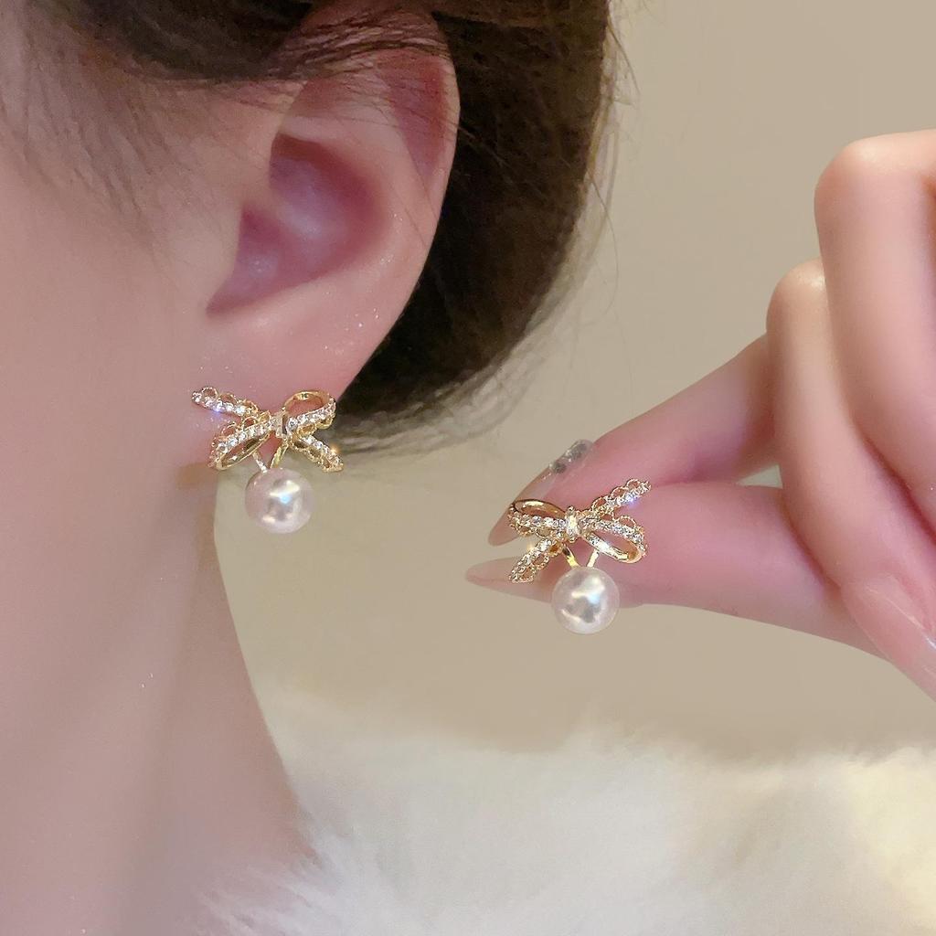 2026 Trendy Light Luxury Diamond Bow Pearl Stud Earrings