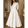 Spring and Summer European and American Temperament Elegant Cotton and Linen Blend Breasted High Waist Solid Color Pocket Dress