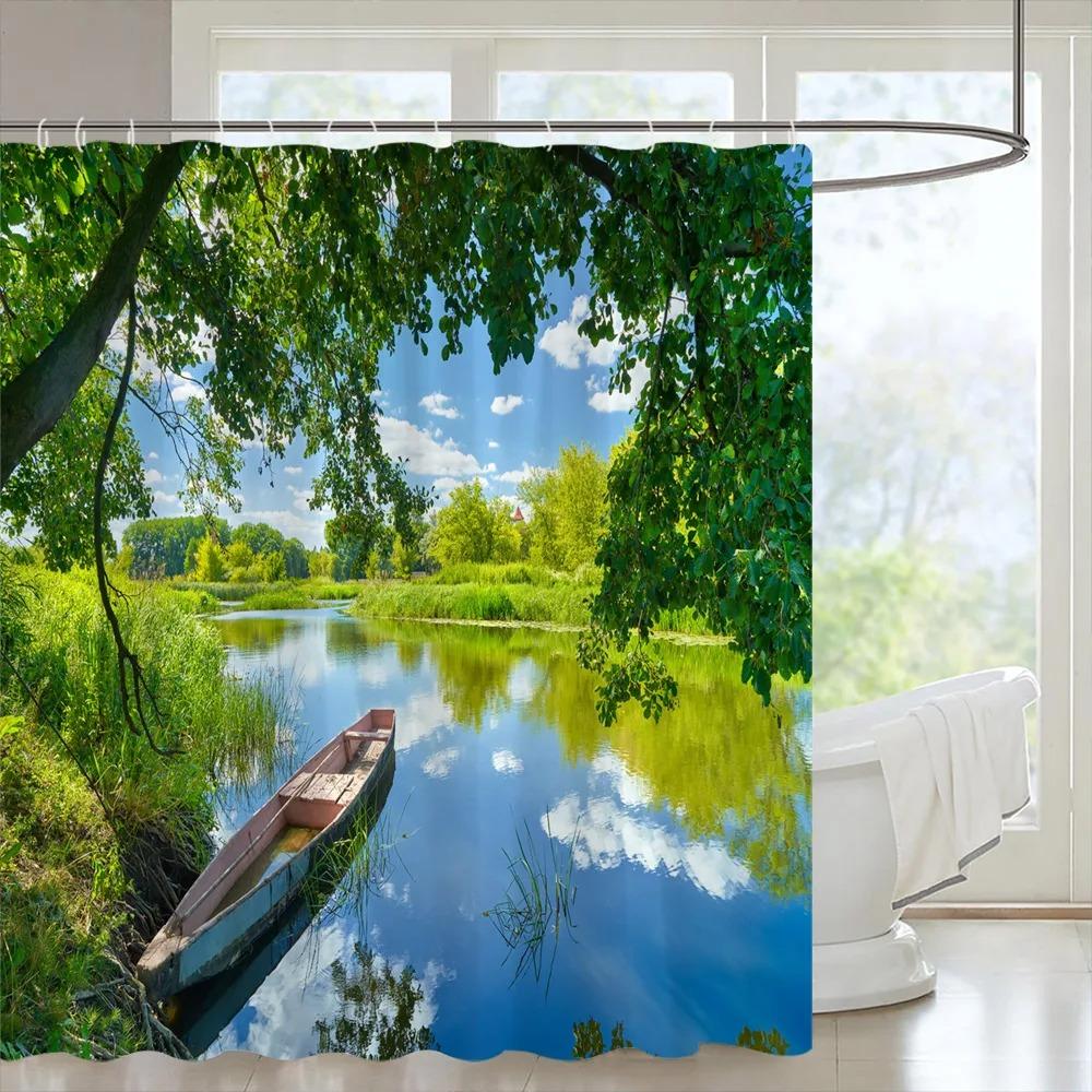 Tropical Forest Shower Curtain Green Plants Nature Landscape Hanging Curtain Polyester Fabric Bathroom Decoration Set With Hooks