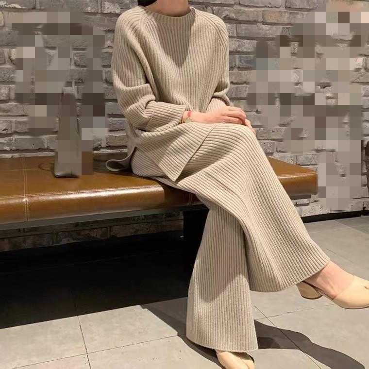 Women Solid Knitted Two-piece Casual Long Sleeve Wide Leg Pants Sweater Tracksuit Fashion Long Sleeve Winter Pullovers Home Suit
