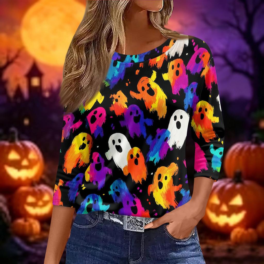 Women 3/4 Sleeve Casual Loose Fit Shirt Round Neck Pullover Halloween Print Top Lightweight Comfortable Blouse