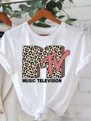 Letní dámské tričko MTV s leopardím potiskem a potiskem písmen, módní, ležérní, sportovní, volné, s kulatým výstřihem, krátkým rukávem