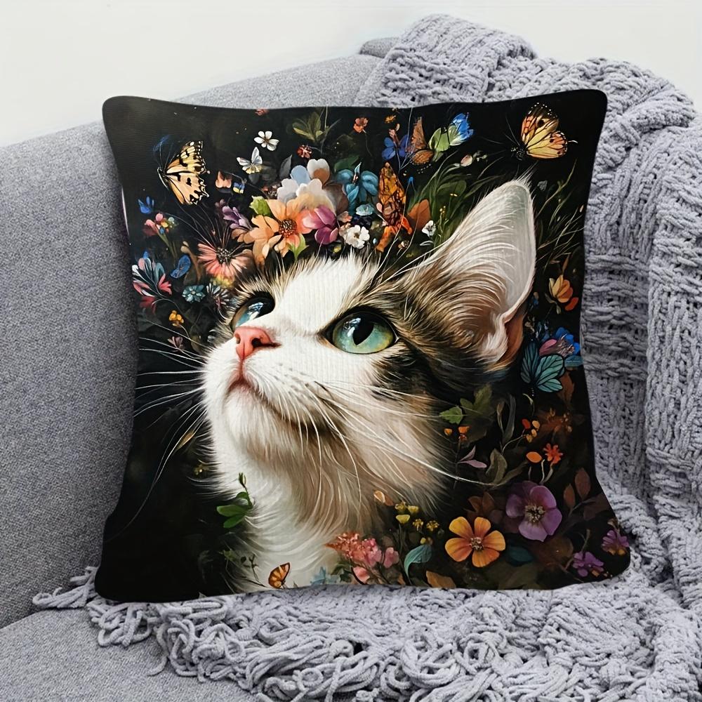 Cat with Butterflies and Flowers Pillowcase, Fantasy Pet Art Cushion Cover, Boho Home Decor for Living Room Bedroom Sofa
