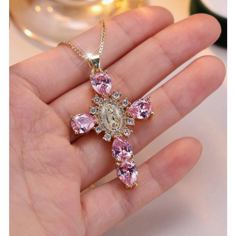 Full Diamond Virgin Cross Necklace Women, European and American Creative Personality Holiday Gift Pendant